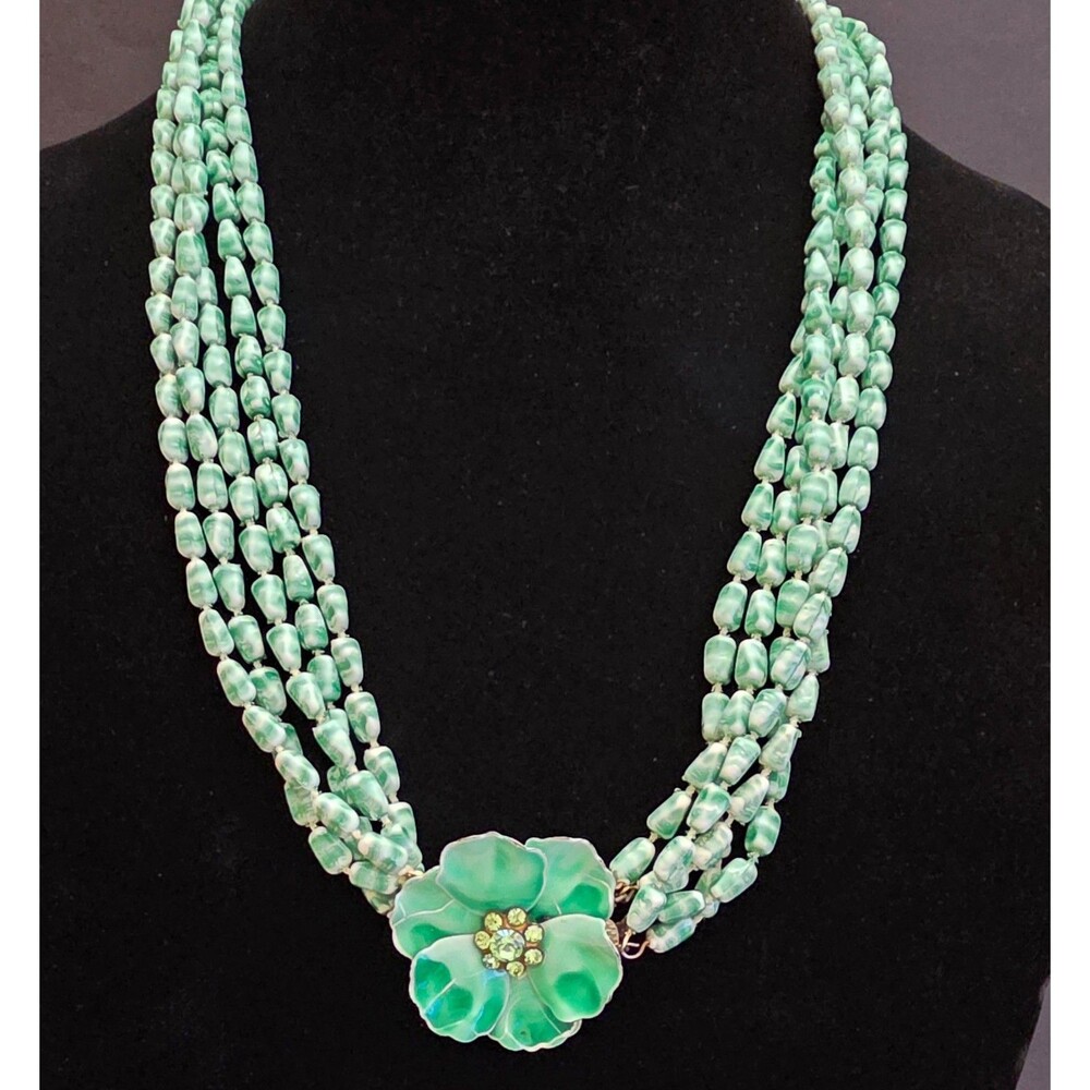 Vintage Green Floral Statement Necklace Multi Strand Marbled Beads Enamel Flower